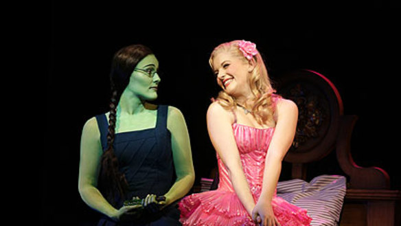 Elphaba, played by Jenna Rix, with Glinda, played by Lucy Durack, in the production of Wicked showing at QPAC.