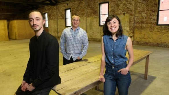 Kate Reid (right) and Cameron Reid (left), the siblings behind Lune Croissanterie in Elwood, with Nathan Toleman (centre) at the site of their new venue.