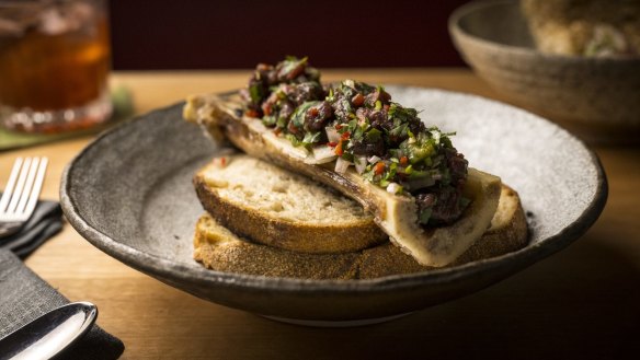 Kinilaw, usually made with raw fish, is instead made with kangaroo and served on a marrow bone.