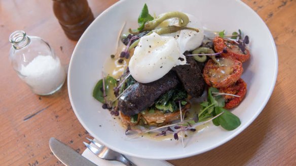 Black pudding, cavolo nero, semi-dried tomatoes and poached eggs.