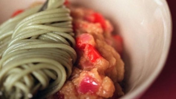 Chilled green tea noodles with eggplant caviar