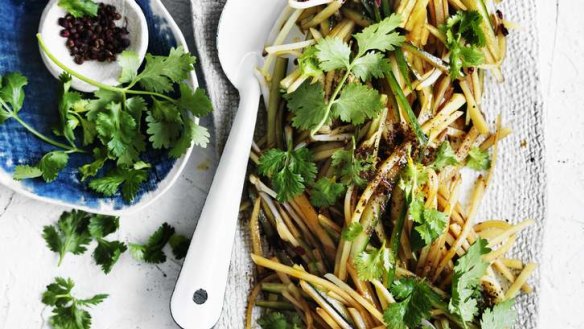 Cold shredded potato salad with coriander vinegar dressing.