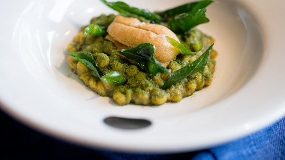 Sea urchin with split chickpeas, John Dory roe and paratha at Saint Peter in Paddington.