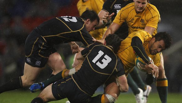 Digby Ioane, of the Wallabies, is tackled during the rugby union Test match between the Australian Wallabies and Scotland at Hunter Stadium in Newcastle yesterday.