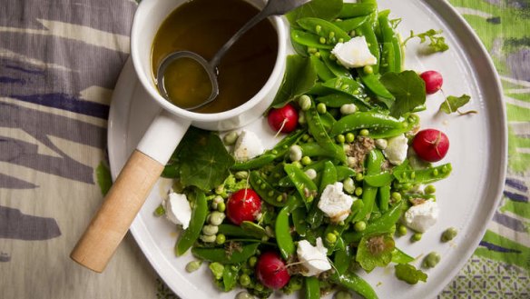 Pea and broad bean salad with nasturtium leaves and bagna cauda.