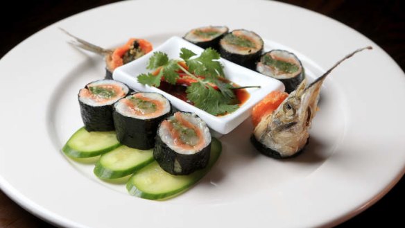 Head-and-all: garfish nori rolls.