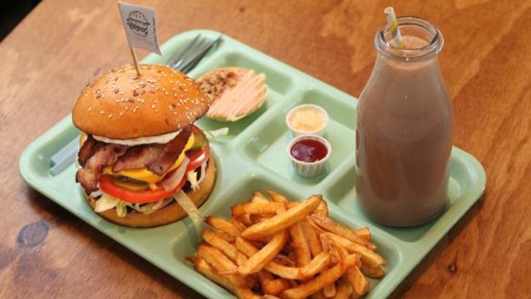 Tuck Shop's 'The Major' burger, triple-cooked chips and Nutella milkshake.