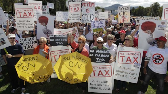 Protesters at the No Carbon Tax rally outside Parliament House in Canberra today.