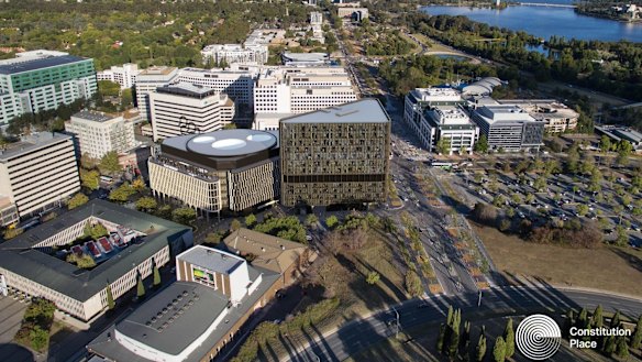 An artist's impression of what the new Constitution Place development on the corner of London Circuit and Constitution Avenue will look like.