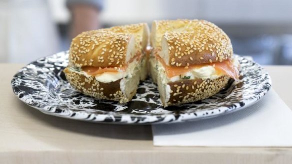 Smoked salmon and cream cheese bagel.