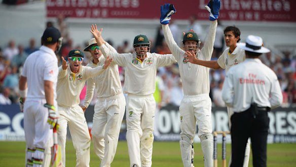 Phil Hughes, Michael Clarke, Ed Cowan, Brad Haddin and Ashton Agar of Australia appeal unsuccessfully for the wicket of Stuart Broad.