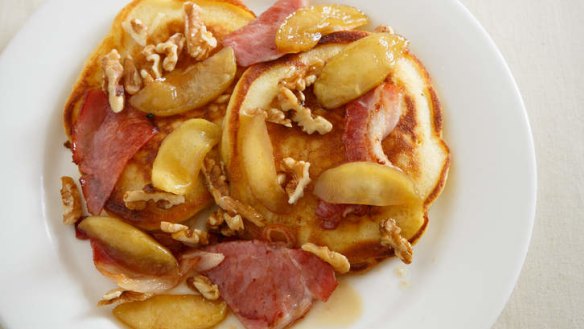 Buttermilk pancakes with apple, bacon, walnuts and spiced maple.