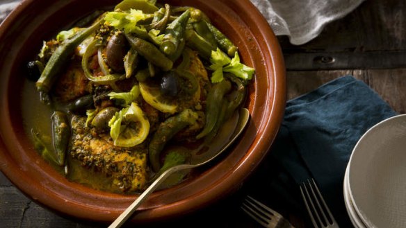 Tagine of blue-eye trevalla with chermoula, capsicum, celery and okra.