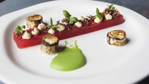 Go-to dish: Compressed watermelon, goat's cheese marshmallows, olive and hazelnut soil.