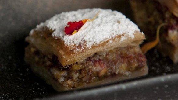 Baklava with white chocolate and freeze-dried raspberries.