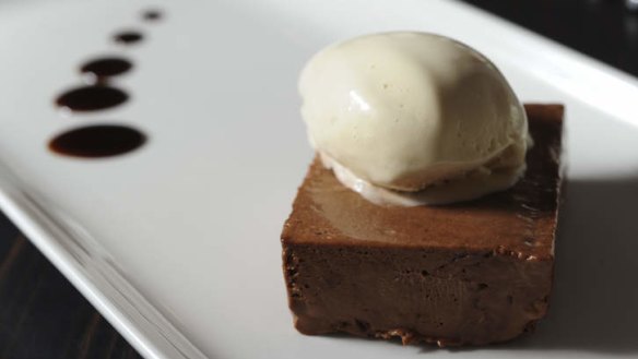 Chifley's valrhona chocolate pave with white coffee ice-cream and espresso syrup.