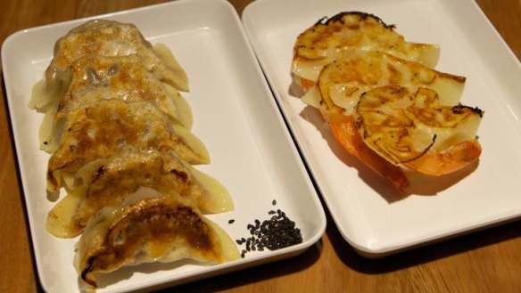 Duck gyoza (left) and the grilled prawn gyoza.