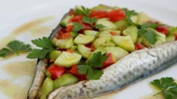 Grilled mackerel with cucumber and tomato salad