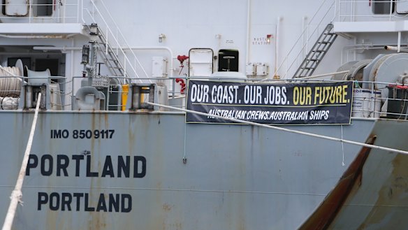 Ship jobs being taken from Portland locals and moved overseas. The MV Portland moored in Portland. 