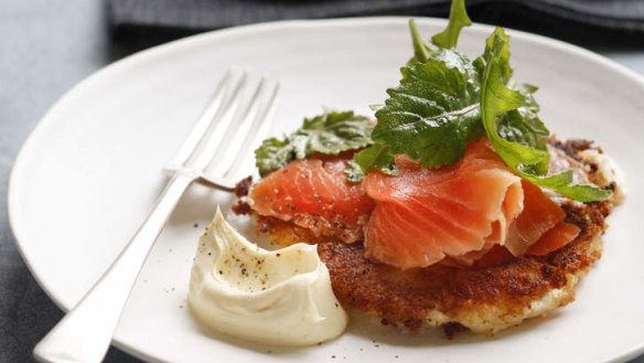 Mashed potato cakes with smoked trout.