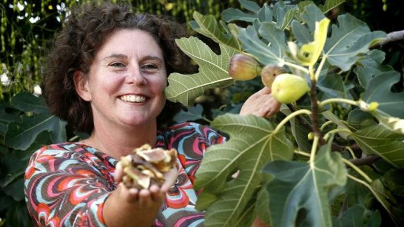 Jacki Warburton from Oxley with some of her dehydrated figs in her garden.