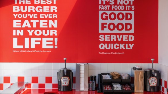The signature red and white fit-out of Penrith's Five Guys. 