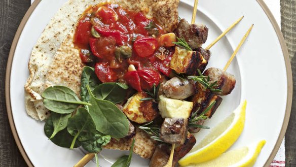 Summer skewers: Lamb with haloumi and fast tomato sugo.