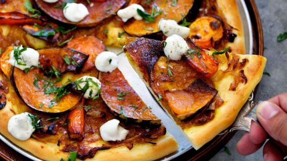 Leftover roast vegies are put to good use as a pizza topping.