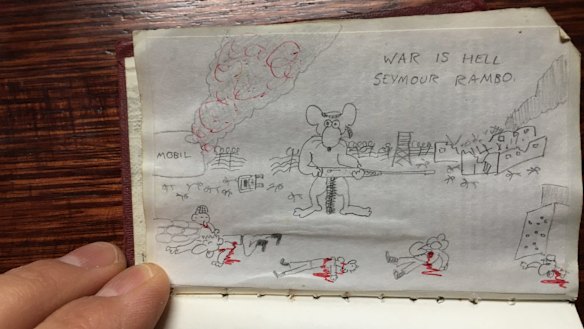 The last drawing of The Six Million Dollar Mouse, a cartoon Julian Knight drew while a pupil at Melbourne High in 1985.  