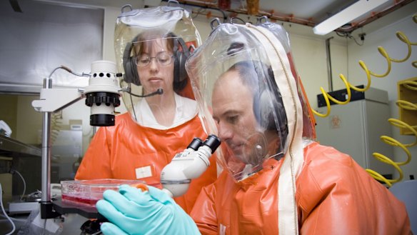 Scientists at the Australian Animal Health Laboratory working at Biosecurity Level 4, the highest security available.