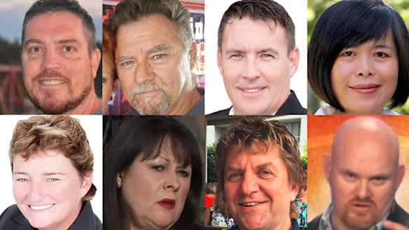 Former One Nation candidates (top from left) Mark Ellis, John Cox, Troy Aggett, Shan Ju Lin, (bottom from left) Elise Cottam, Diane Happ, Peter Rogers and Andy Semple.
