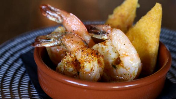 Garlic prawns, spiced butter and cornbread triangles.