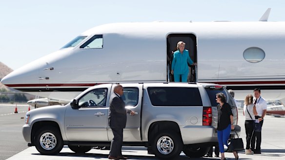 Democratic presidential candidate Hillary Clinton arrives on her campaign plane at Reno-Tahoe International Airport.