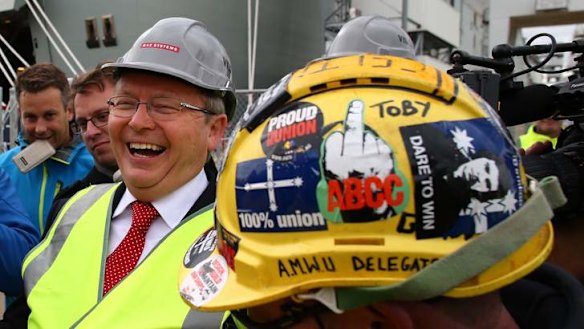 Kevin Rudd meets with workers at BAE Systems in Williamstown on Thursday.