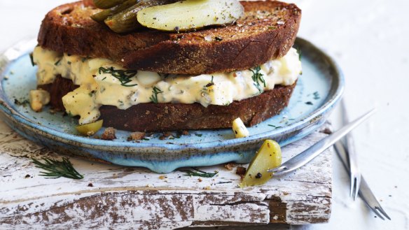 Creamy egg mayo spiked with horseradish, pickles and chives, sandwiched in rye.