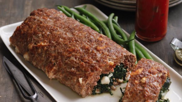 Roast meatloaf stuffed with spinach and mozzarella.