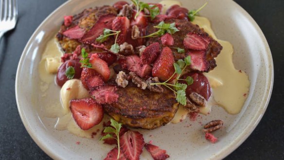 Ricotta fritters, lavender custard, strawberry and pecan praline.