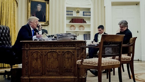 Donald Trump with then-national security adviser Michael Flynn and chief strategist Steve Bannon during a phone call with Australian Prime Minister Malcolm Turnbull in January.