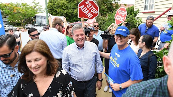 Queensland Opposition Leader Tim Nicholls was also confronted by anti-Adani protesters during his campaign.