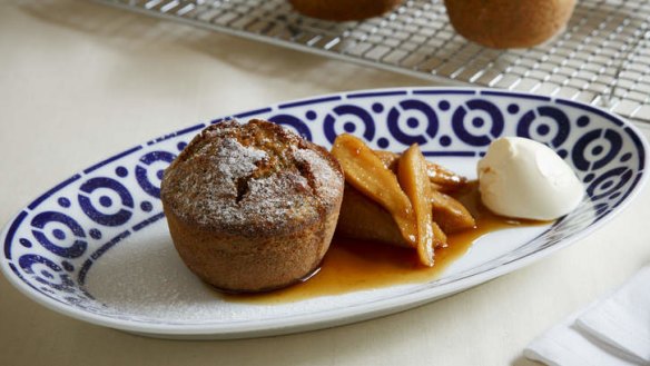 A treat: Pear and hazelnut cakes with creme fraiche.