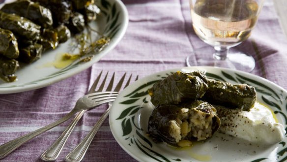 Stuffed vine leaves with rice, pine nuts, currants and lemon.