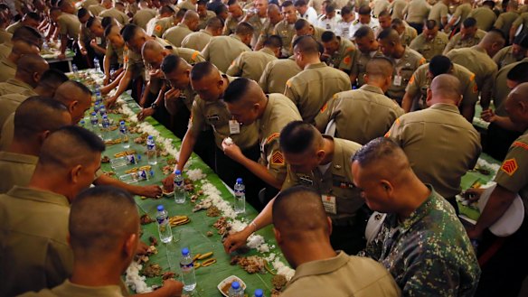 Philippine Marines during Philippine President Rodrigo Duterte's visit to their headquarters in on Tuesday.