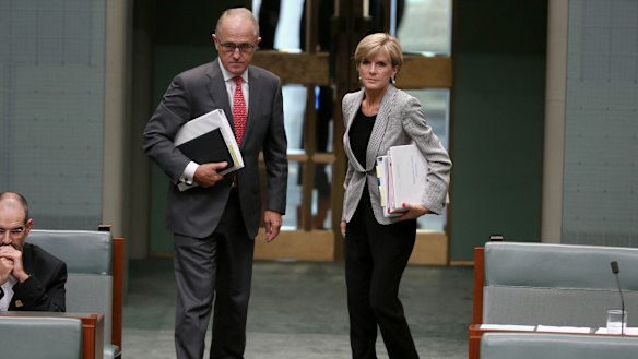 Communications Minister Malcolm Turnbull and Foreign Affairs Minister Julie Bishop leave question time on Monday.