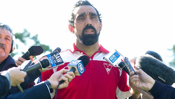 Sydney Swan Adam Goodes addresses the media after being called an 'ape' by a young Collingwood fan during the Indigenous Round.