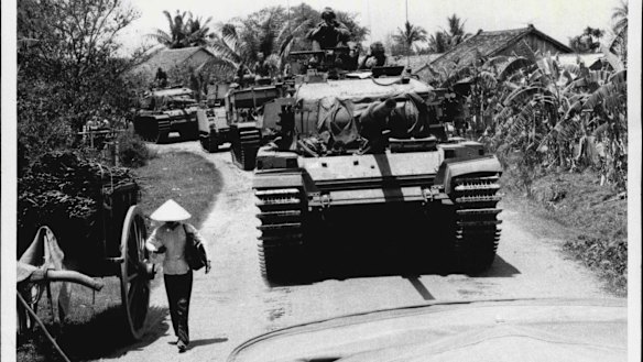 A welcome sight to infantry and gunners in the fire support bases at "Coral" and "Balmoral", in north-west Bien Hoa Province was the arrival of Australian Centurion tanks.