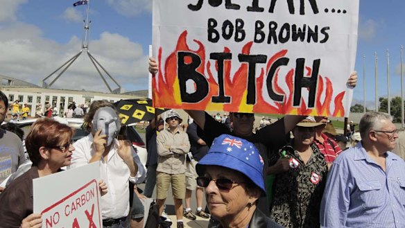 Protesters at the No Carbon Tax rally outside Parliament House in Canberra today.