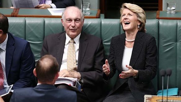 Prime Minister Tony Abbott, Deputy Prime Minister Warren Truss and Foreign Affairs Minister Julie Bishop during a division in the House of Representatives.  Photo: Alex Ellinghausen