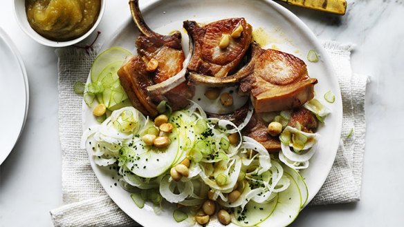 Pork cutlets with fennel and apple salad, macadamias and apple sauce.