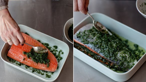 The cure ... Making gravlax (From The Gentle Art of Preserving, Simon & Schuster).