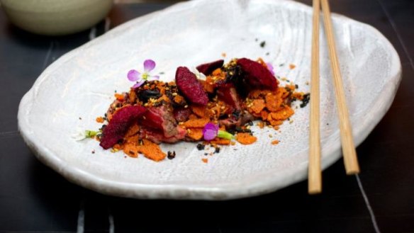 Warm beef tataki with togarashi, freeze-dried plum and salted plum at Sake Flinders Lane.